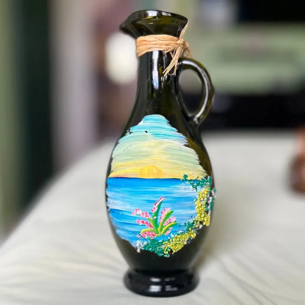 VTG Hand Painted Island Nautical Painted + Textured Glass Bottle Vase W/ Handle